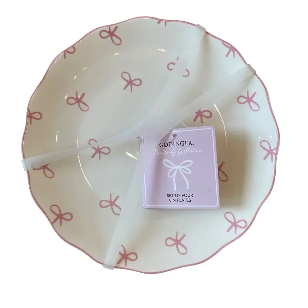 GODINGER Pink Bow 8in Salad Plates Set of 4 NEW